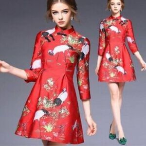 Lanyayi Cheongsam Qipao Red Crane Embroidered 3/4 Short Sleeve Asian Fit & Flare
